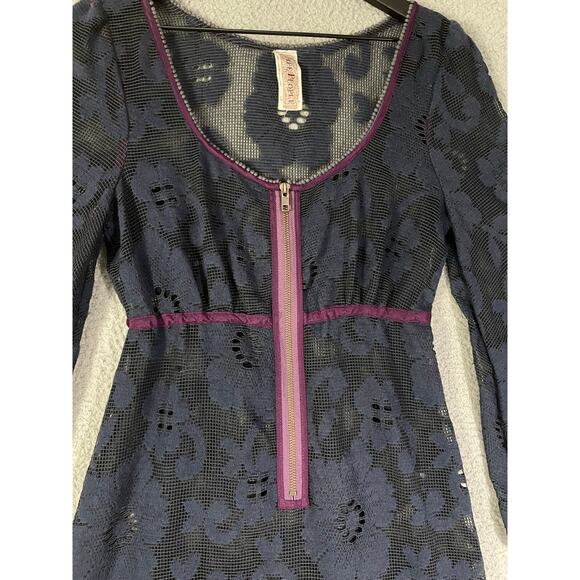 Free People Navy Lace Mini Dress Small Boho Sheer Bell Sleeve Festival Outfit - Picture 9 of 12